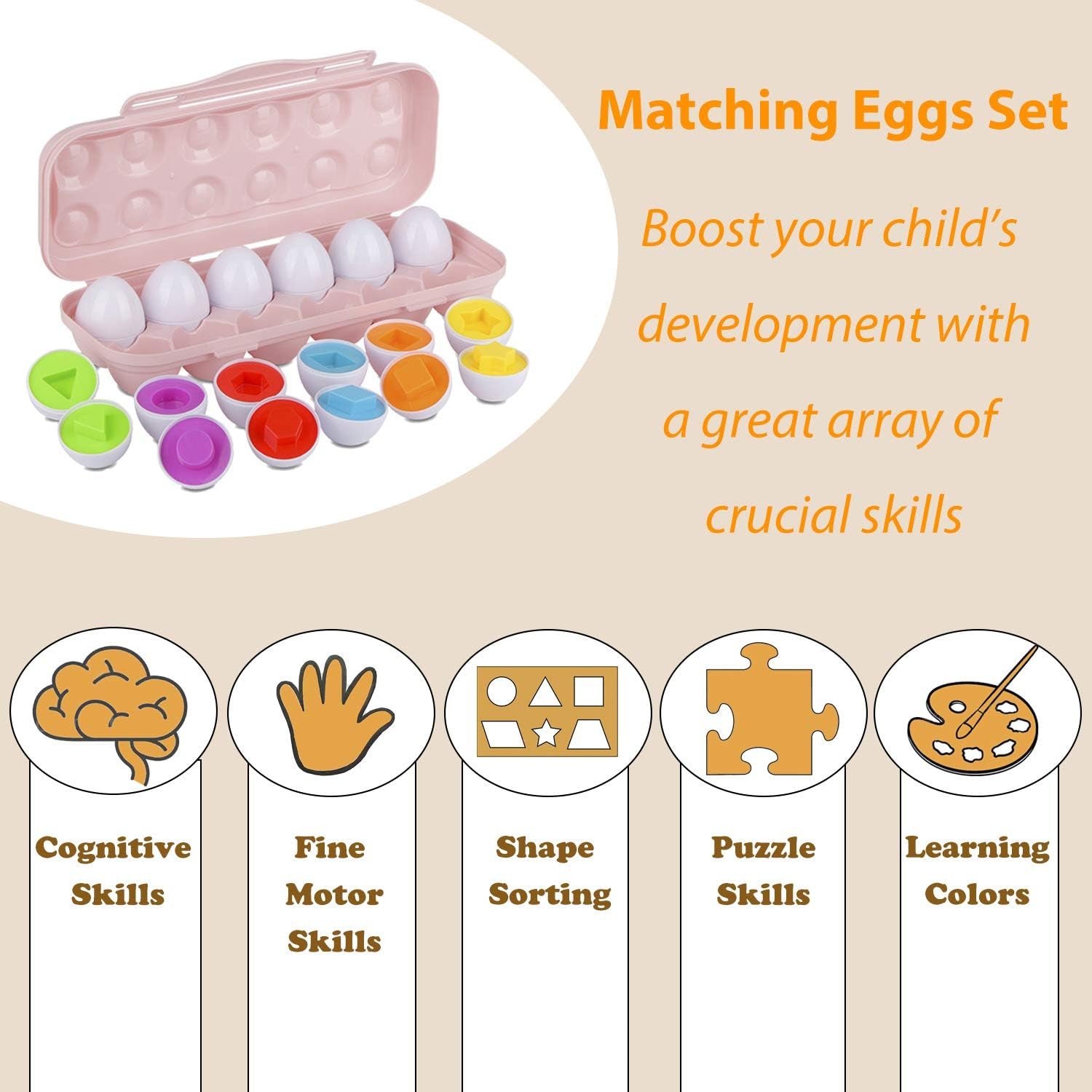 Color Shape Matching Eggs for Toddlers, Preschool Learning Educational Sorting Easter Eggs Toys Gift Recognition Skills for Kids Boys Girls with Pink Eggs Holder, 12 Eggs