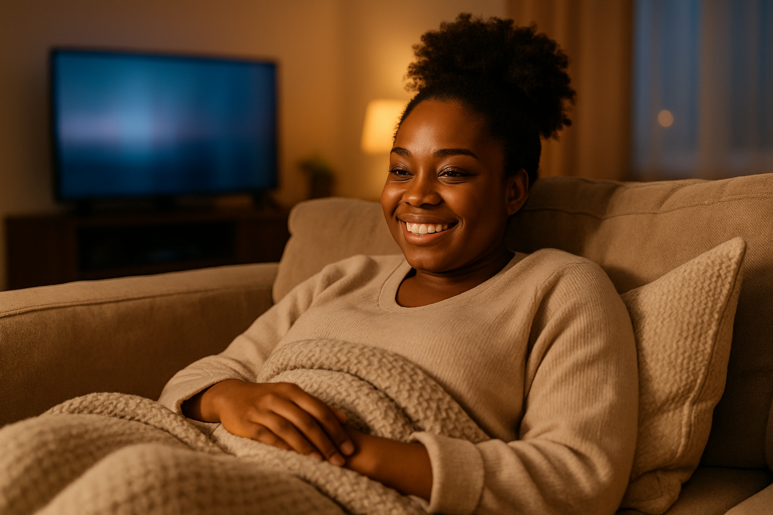 a black woman snuggled up on a comfy couch watching tv